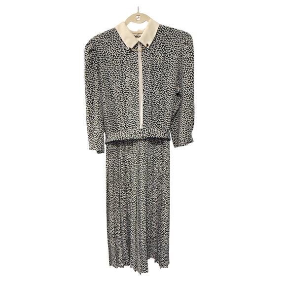 Vintage L Silky Secretary Midi Dress Pleated Puff Shoulder Sezane Collar Chain - Picture 2 of 16